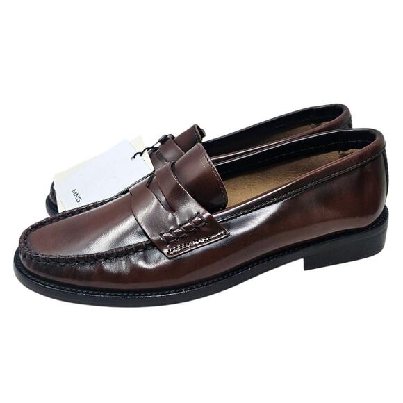 NEW MNG Mango 37 Brown Leather Penny Loafer Academia Classic Career Minimalist - Picture 1 of 5